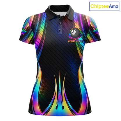 Holographic 8 Ball Pool Billiard Polo & Quarter-Zip Shirt For Women Custom Rainbow Billiard Team Attire NYN4973