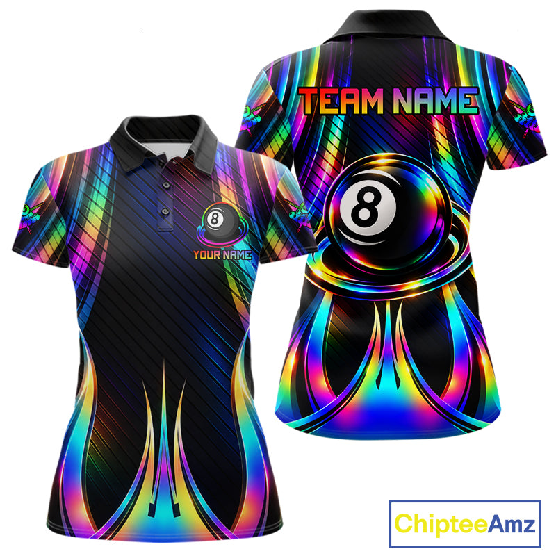 Holographic 8 Ball Pool Billiard Polo & Quarter-Zip Shirt For Women Custom Rainbow Billiard Team Attire NYN4973