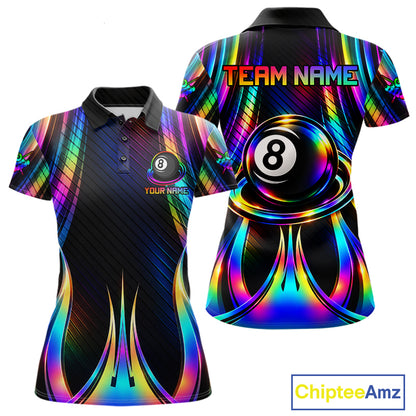 Holographic 8 Ball Pool Billiard Polo & Quarter-Zip Shirt For Women Custom Rainbow Billiard Team Attire NYN4973