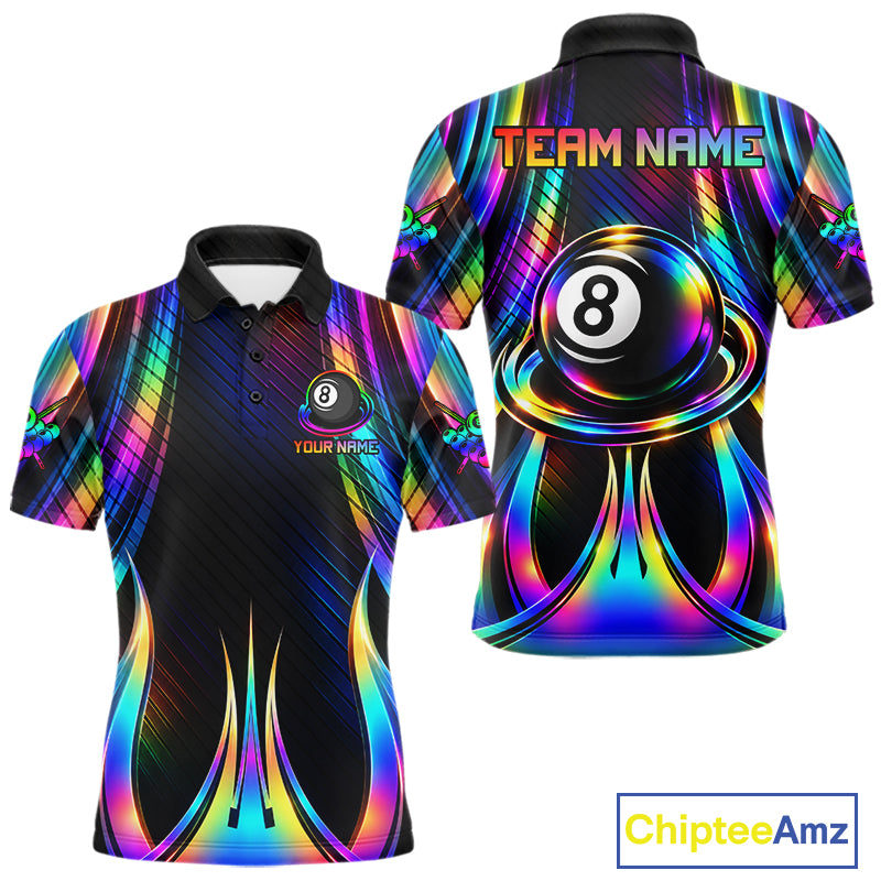 Holographic 8 Ball Pool Billiard Polo & Quarter-Zip Shirt For Men Custom Rainbow Billiard Team Attire NYN4973