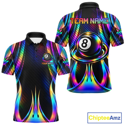 Holographic 8 Ball Pool Billiard Polo & Quarter-Zip Shirt For Men Custom Rainbow Billiard Team Attire NYN4973