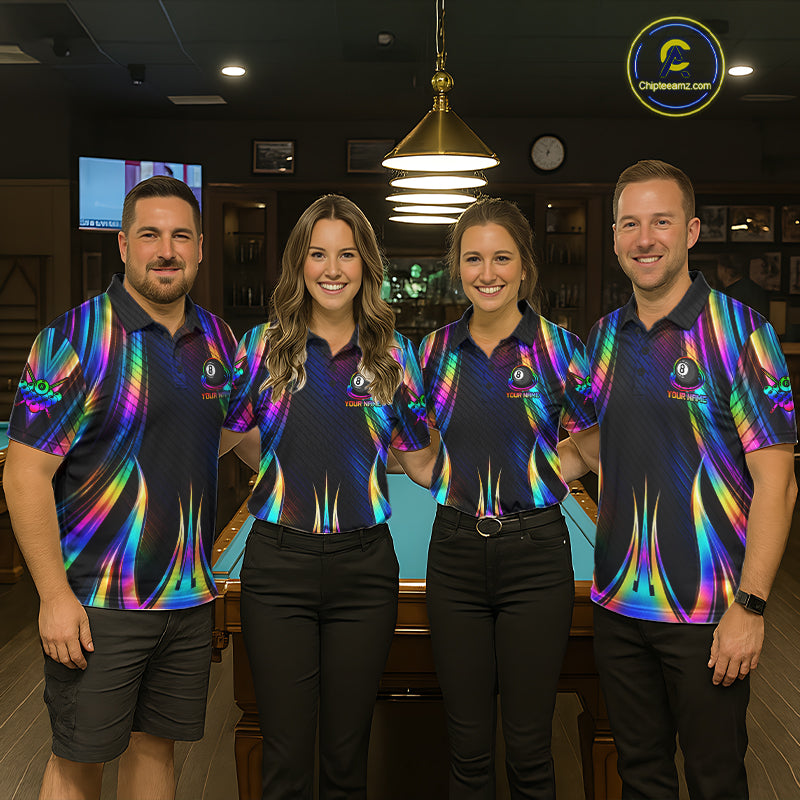 Holographic 8 Ball Pool Billiard Polo & Quarter-Zip Shirt For Women Custom Rainbow Billiard Team Attire NYN4973