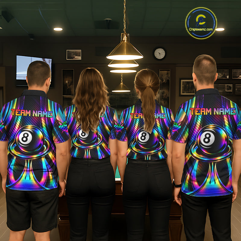 Holographic 8 Ball Pool Billiard Polo & Quarter-Zip Shirt For Women Custom Rainbow Billiard Team Attire NYN4973