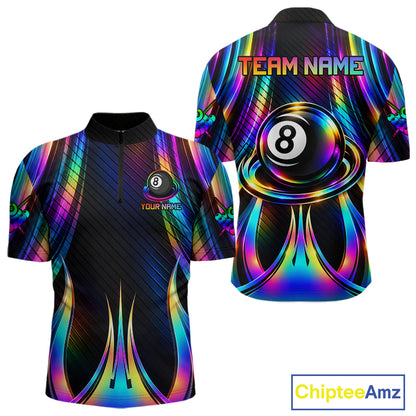 Holographic 8 Ball Pool Billiard Polo & Quarter-Zip Shirt For Men Custom Rainbow Billiard Team Attire NYN4973