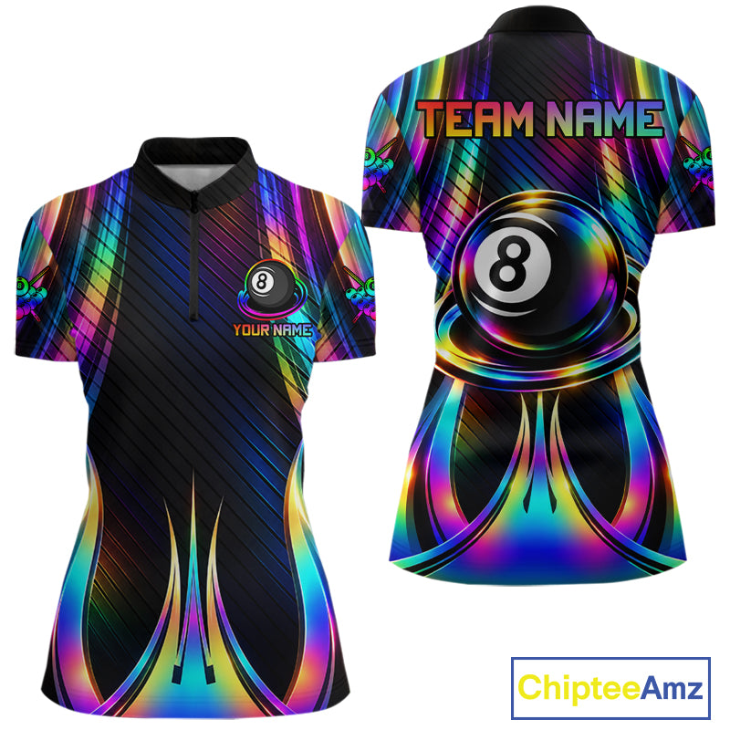 Holographic 8 Ball Pool Billiard Polo & Quarter-Zip Shirt For Women Custom Rainbow Billiard Team Attire NYN4973