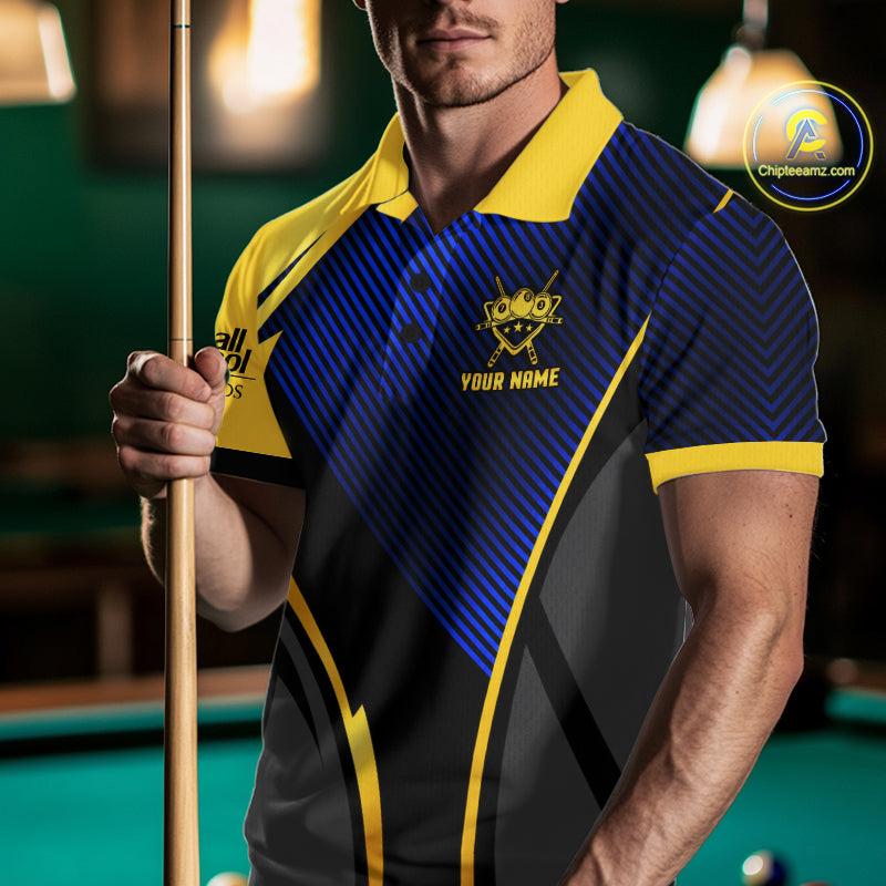 Gold And Blue Human Play Pool 8 Ball Men's Billiard Shirt Custom Billiard Team League Attire NYN4975