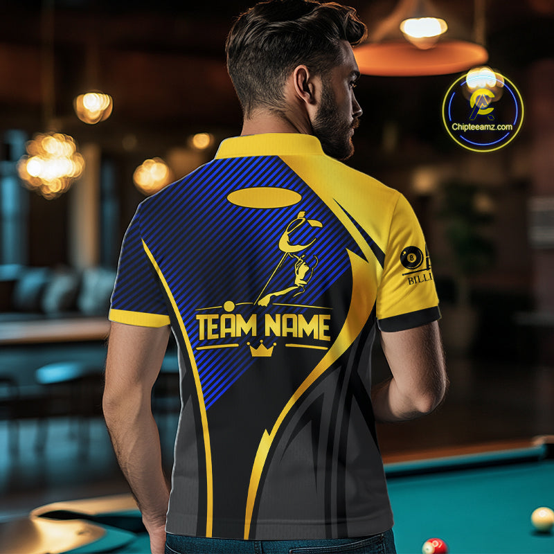 Gold And Blue Human Play Pool 8 Ball Men's Billiard Shirt Custom Billiard Team League Attire NYN4975