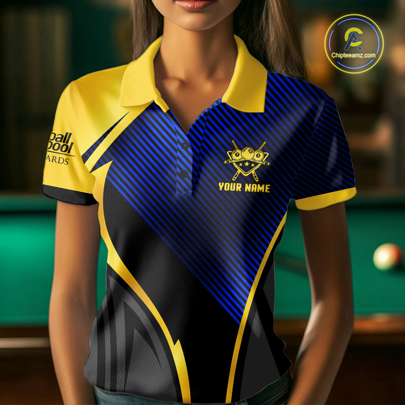 Gold And Blue Human Play Pool 8 Ball Women Billiard Shirt Custom Billiard Team League Attire NYN4975