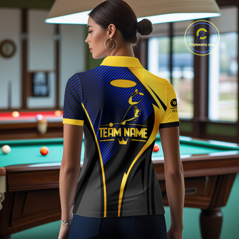 Gold And Blue Human Play Pool 8 Ball Women Billiard Shirt Custom Billiard Team League Attire NYN4975