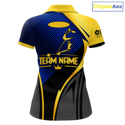 Gold And Blue Human Play Pool 8 Ball Women Billiard Shirt Custom Billiard Team League Attire NYN4975