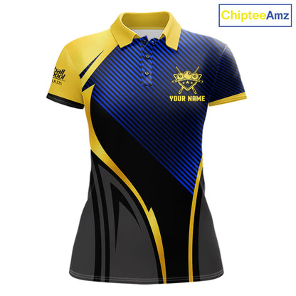 Gold And Blue Human Play Pool 8 Ball Women Billiard Shirt Custom Billiard Team League Attire NYN4975