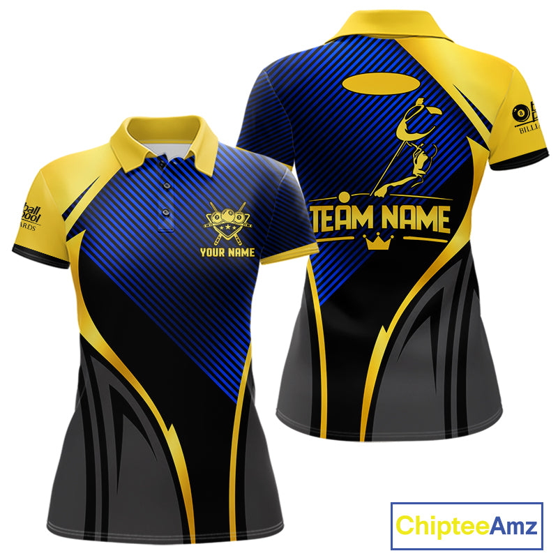 Gold And Blue Human Play Pool 8 Ball Women Billiard Shirt Custom Billiard Team League Attire NYN4975