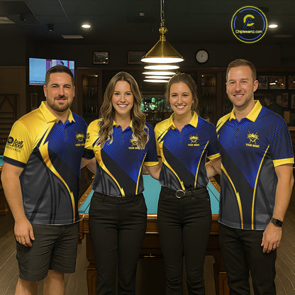 Gold And Blue Human Play Pool 8 Ball Men's Billiard Shirt Custom Billiard Team League Attire NYN4975