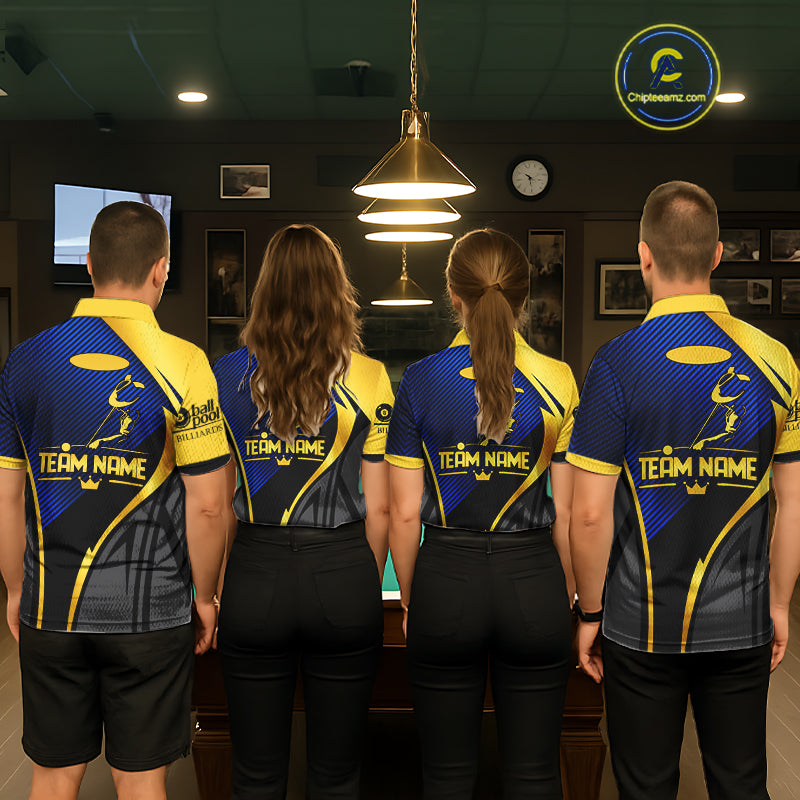 Gold And Blue Human Play Pool 8 Ball Men's Billiard Shirt Custom Billiard Team League Attire NYN4975