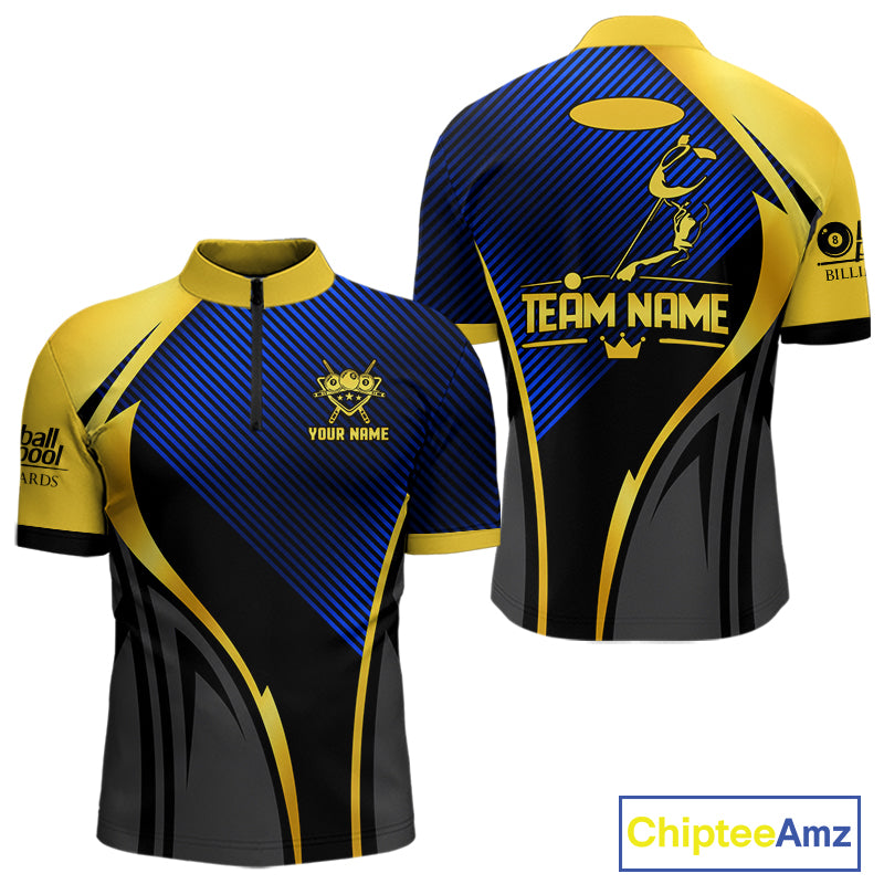 Gold And Blue Human Play Pool 8 Ball Men's Billiard Shirt Custom Billiard Team League Attire NYN4975
