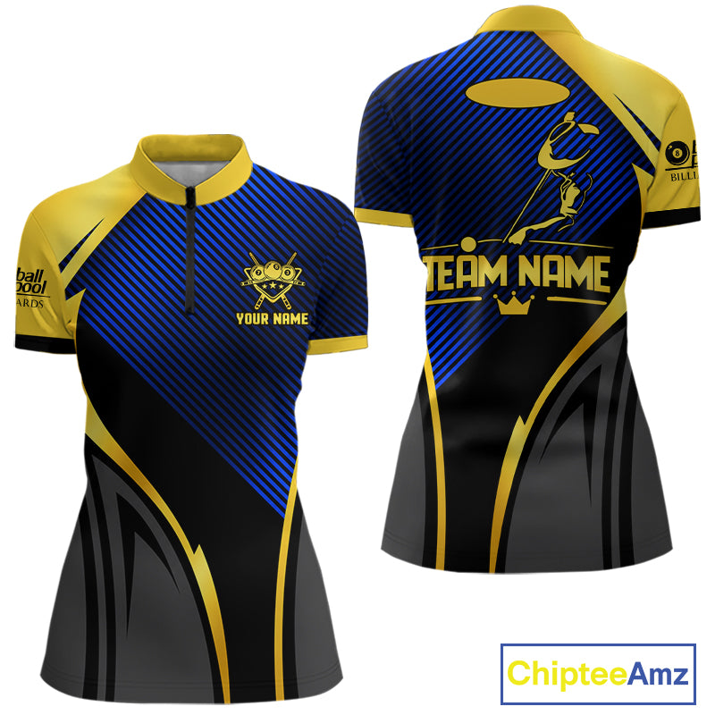 Gold And Blue Human Play Pool 8 Ball Women Billiard Shirt Custom Billiard Team League Attire NYN4975