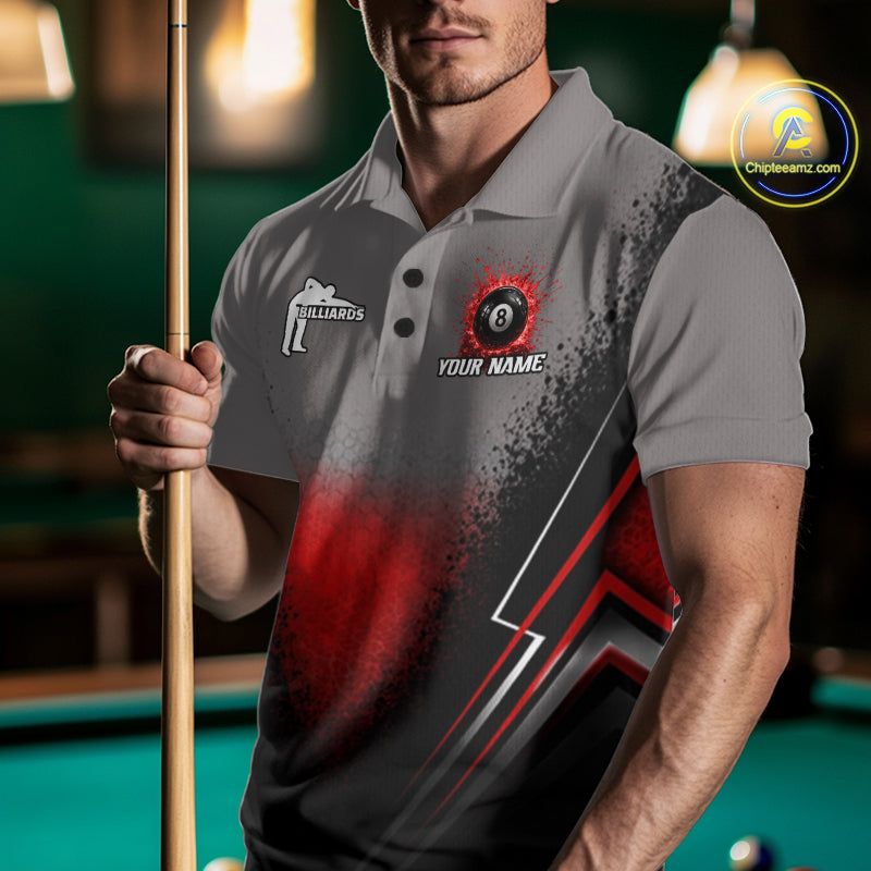 Personalized Grey And Red Splatter 8 Ball Pool Billiard Shirt For Men Custom Billiard Team Jersey NYN4976