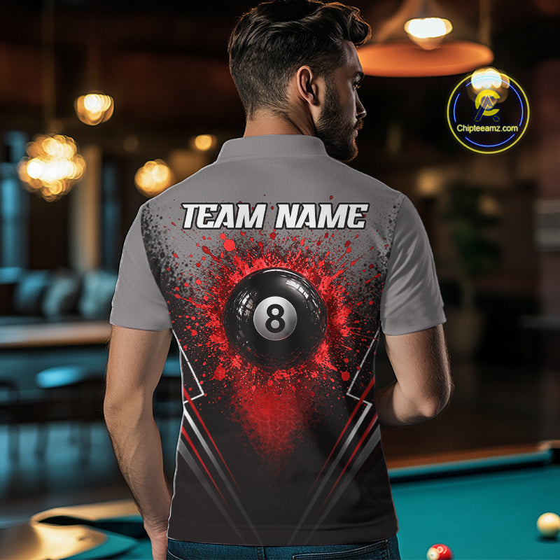 Personalized Grey And Red Splatter 8 Ball Pool Billiard Shirt For Men Custom Billiard Team Jersey NYN4976