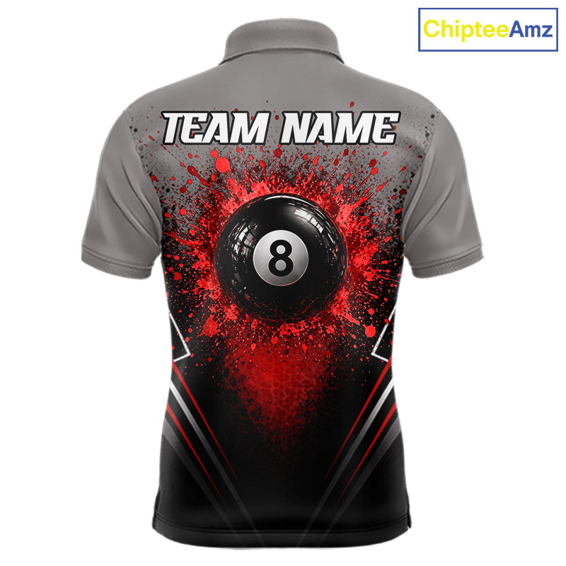 Personalized Grey And Red Splatter 8 Ball Pool Billiard Shirt For Men Custom Billiard Team Jersey NYN4976