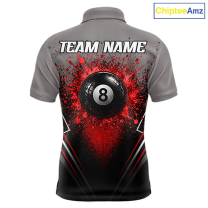 Personalized Grey And Red Splatter 8 Ball Pool Billiard Shirt For Men Custom Billiard Team Jersey NYN4976