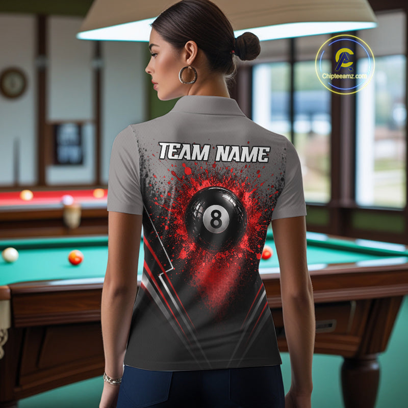 Personalized Grey And Red Splatter 8 Ball Pool Billiard Shirt For Women Custom Billiard Team Jersey NYN4976