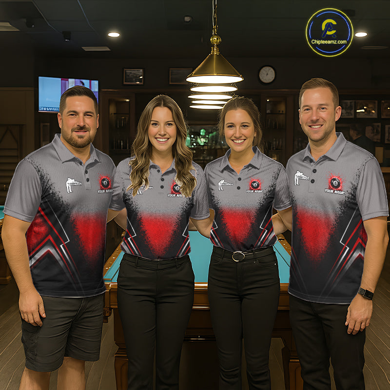 Personalized Grey And Red Splatter 8 Ball Pool Billiard Shirt For Men Custom Billiard Team Jersey NYN4976