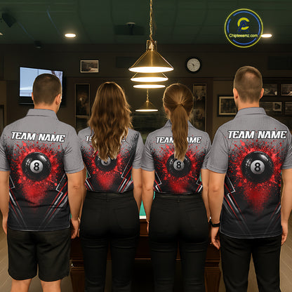 Personalized Grey And Red Splatter 8 Ball Pool Billiard Shirt For Men Custom Billiard Team Jersey NYN4976