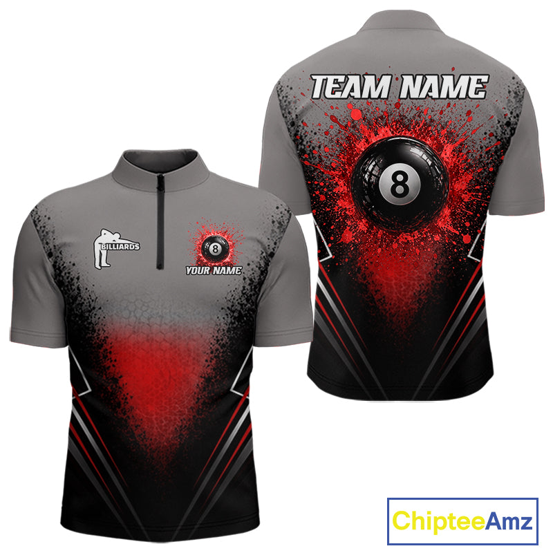 Personalized Grey And Red Splatter 8 Ball Pool Billiard Shirt For Men Custom Billiard Team Jersey NYN4976