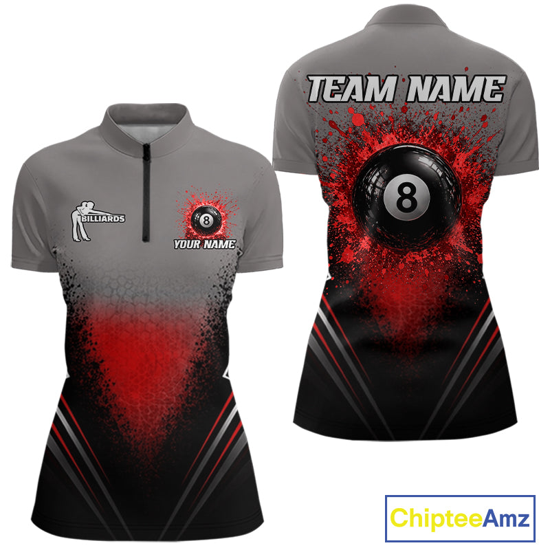 Personalized Grey And Red Splatter 8 Ball Pool Billiard Shirt For Women Custom Billiard Team Jersey NYN4976