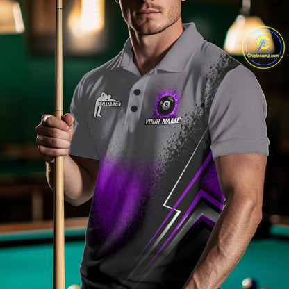 Personalized Grey And Purple Splatter 8 Ball Pool Billiard Shirt For Men Custom Billiard Team Jersey NYN4977