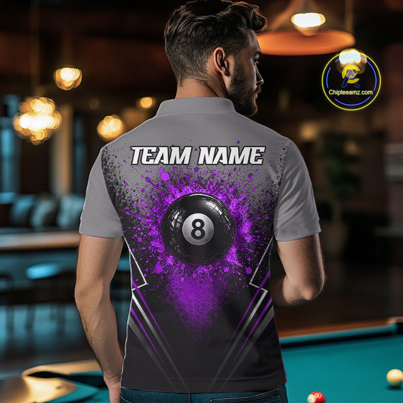 Personalized Grey And Purple Splatter 8 Ball Pool Billiard Shirt For Men Custom Billiard Team Jersey NYN4977