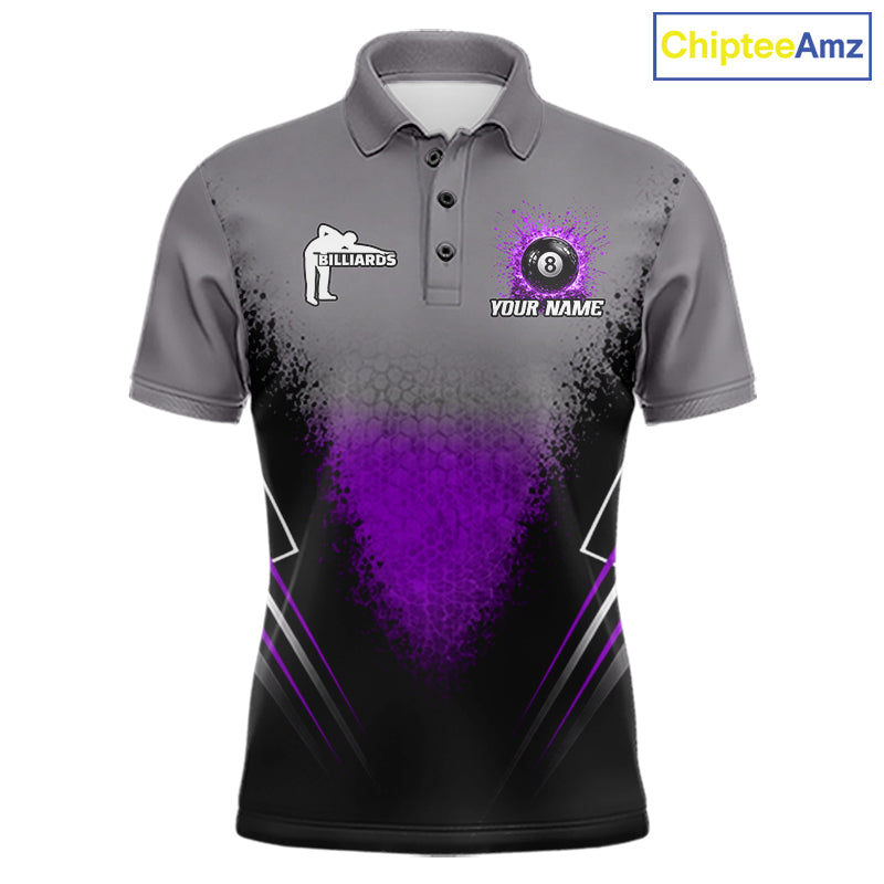 Personalized Grey And Purple Splatter 8 Ball Pool Billiard Shirt For Men Custom Billiard Team Jersey NYN4977