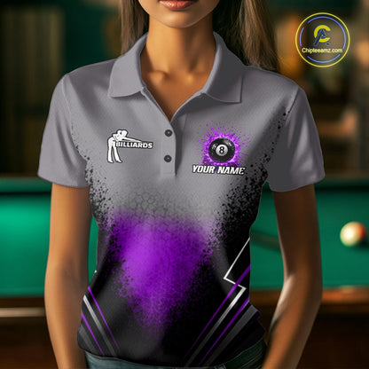 Personalized Grey And Purple Splatter 8 Ball Pool Billiard Shirt For Women Custom Billiard Team Jersey NYN4977