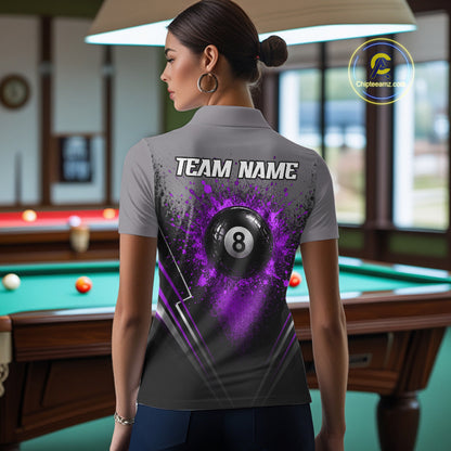 Personalized Grey And Purple Splatter 8 Ball Pool Billiard Shirt For Women Custom Billiard Team Jersey NYN4977