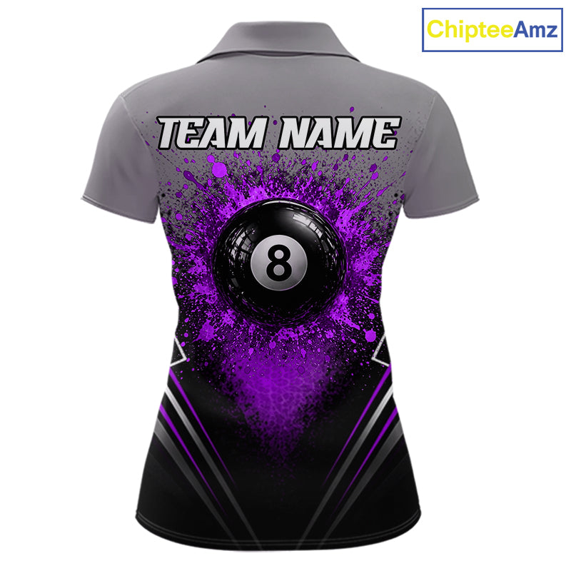 Personalized Grey And Purple Splatter 8 Ball Pool Billiard Shirt For Women Custom Billiard Team Jersey NYN4977