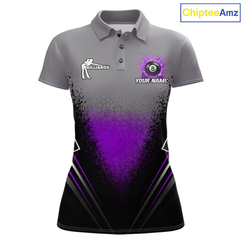 Personalized Grey And Purple Splatter 8 Ball Pool Billiard Shirt For Women Custom Billiard Team Jersey NYN4977