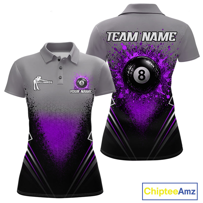 Personalized Grey And Purple Splatter 8 Ball Pool Billiard Shirt For Women Custom Billiard Team Jersey NYN4977
