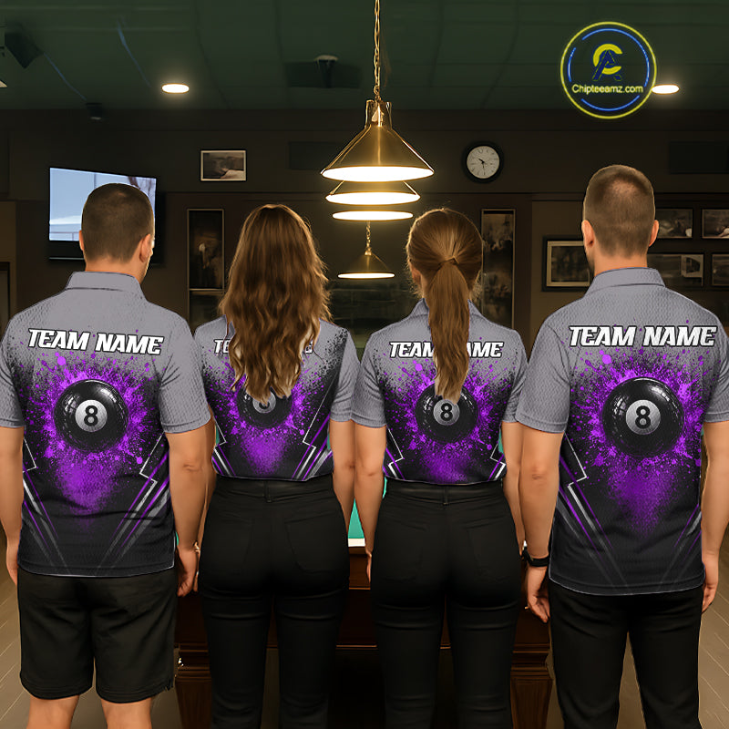 Personalized Grey And Purple Splatter 8 Ball Pool Billiard Shirt For Women Custom Billiard Team Jersey NYN4977