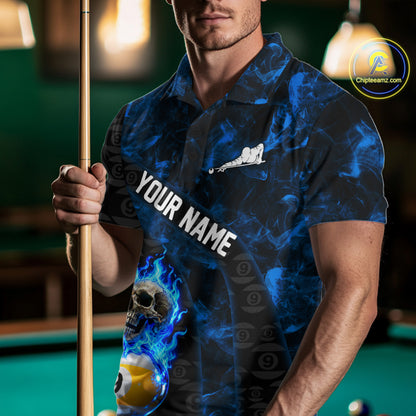 Blue Flaming Skull 9 Ball Pool Billiard Team Shirt For Men Custom Flame Billiard Ball & Cue Gifts NYN4980