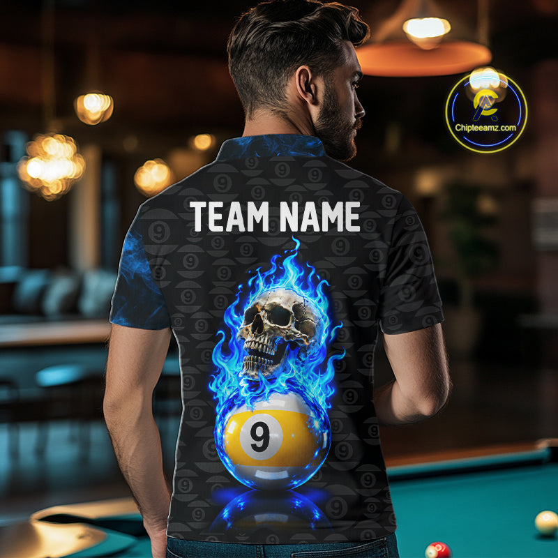 Blue Flaming Skull 9 Ball Pool Billiard Team Shirt For Men Custom Flame Billiard Ball & Cue Gifts NYN4980