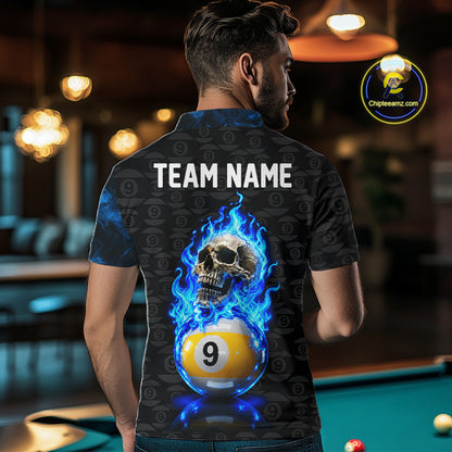Blue Flaming Skull 9 Ball Pool Billiard Team Shirt For Men Custom Flame Billiard Ball & Cue Gifts NYN4980