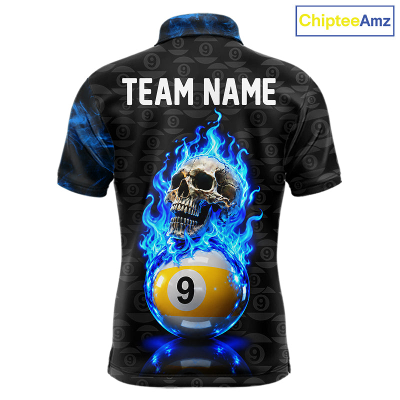 Blue Flaming Skull 9 Ball Pool Billiard Team Shirt For Men Custom Flame Billiard Ball & Cue Gifts NYN4980