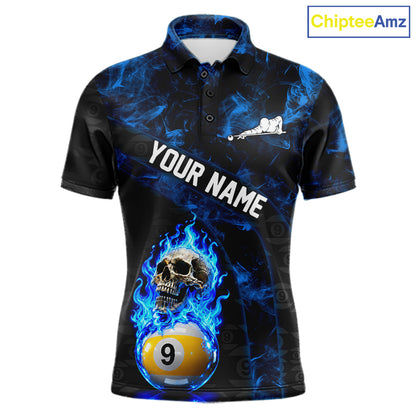 Blue Flaming Skull 9 Ball Pool Billiard Team Shirt For Men Custom Flame Billiard Ball & Cue Gifts NYN4980