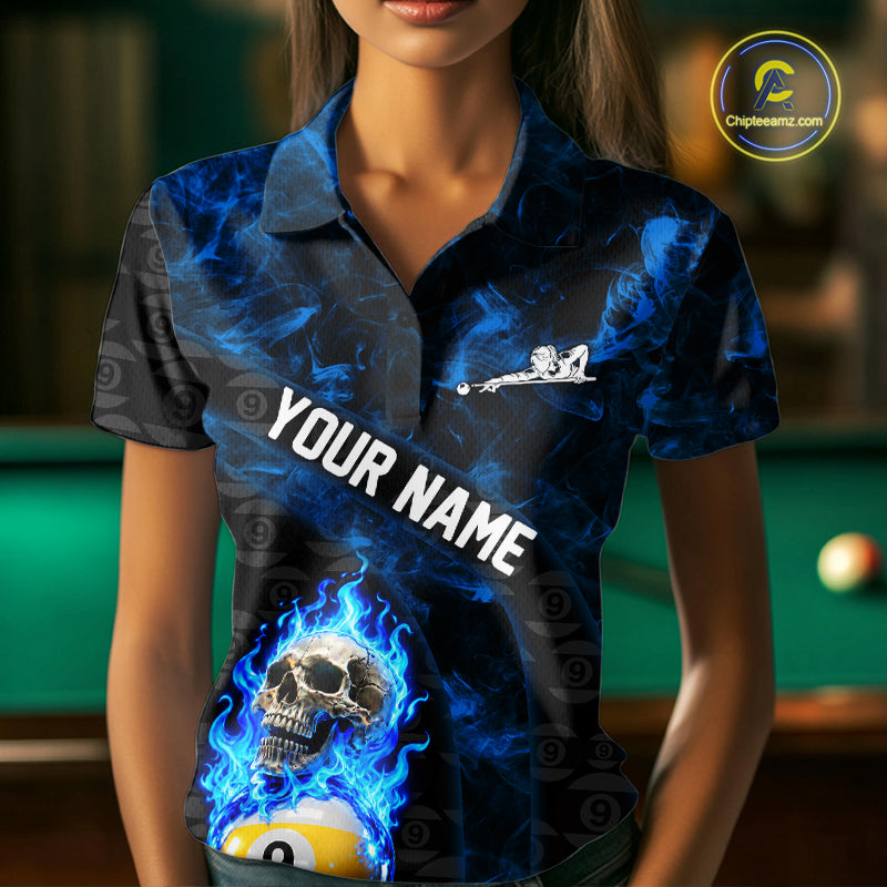Blue Flaming Skull 9 Ball Pool Billiard Team Shirt For Women Custom Flame Billiard Ball & Cue Gifts NYN4980