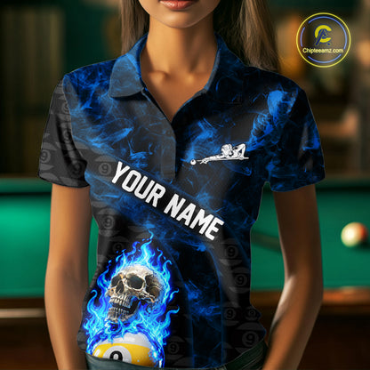 Blue Flaming Skull 9 Ball Pool Billiard Team Shirt For Women Custom Flame Billiard Ball & Cue Gifts NYN4980