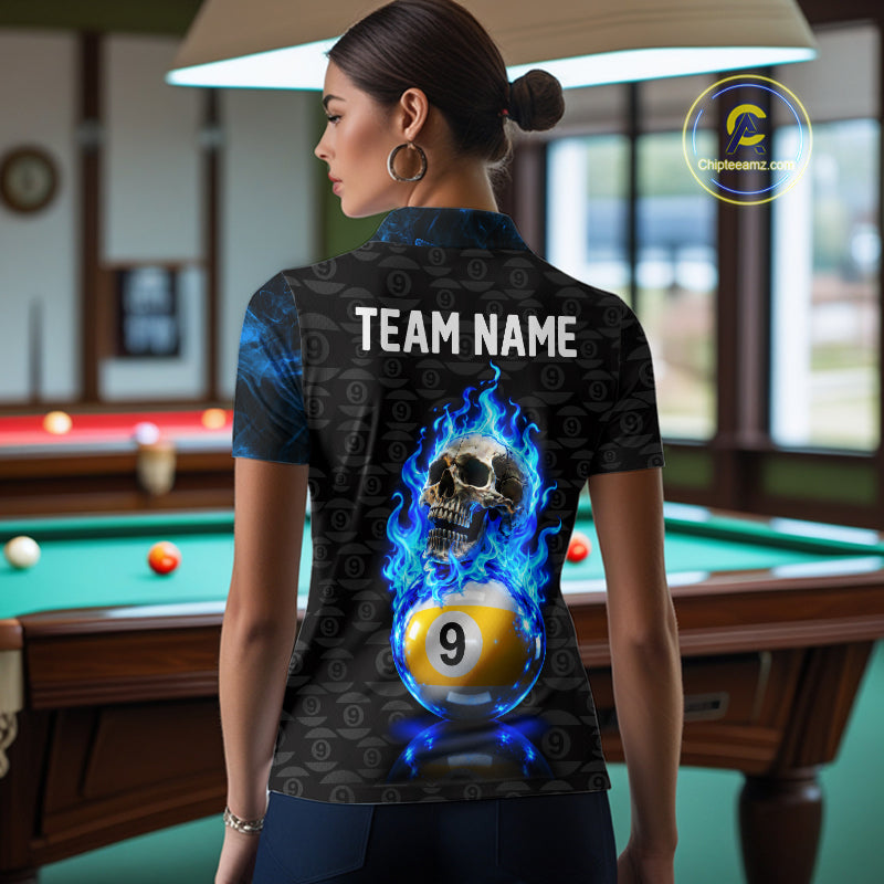 Blue Flaming Skull 9 Ball Pool Billiard Team Shirt For Women Custom Flame Billiard Ball & Cue Gifts NYN4980