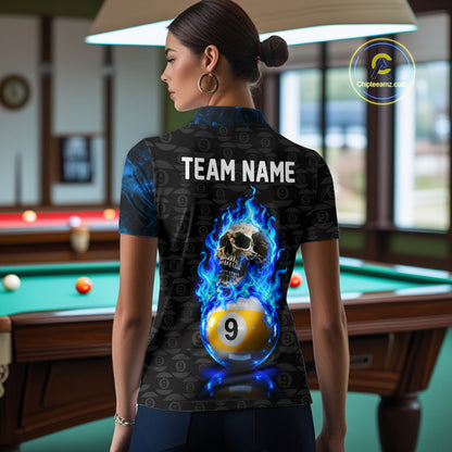 Blue Flaming Skull 9 Ball Pool Billiard Team Shirt For Women Custom Flame Billiard Ball & Cue Gifts NYN4980