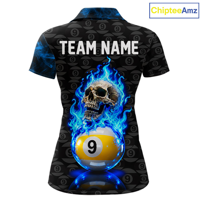 Blue Flaming Skull 9 Ball Pool Billiard Team Shirt For Women Custom Flame Billiard Ball & Cue Gifts NYN4980