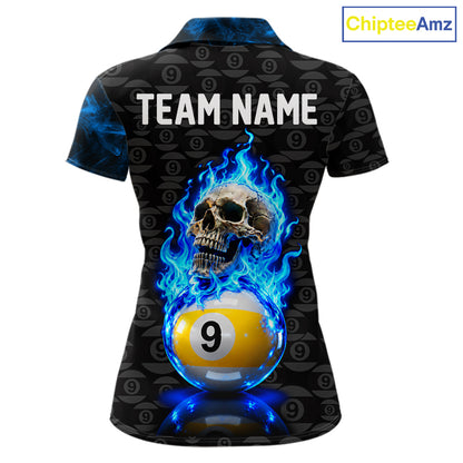 Blue Flaming Skull 9 Ball Pool Billiard Team Shirt For Women Custom Flame Billiard Ball & Cue Gifts NYN4980
