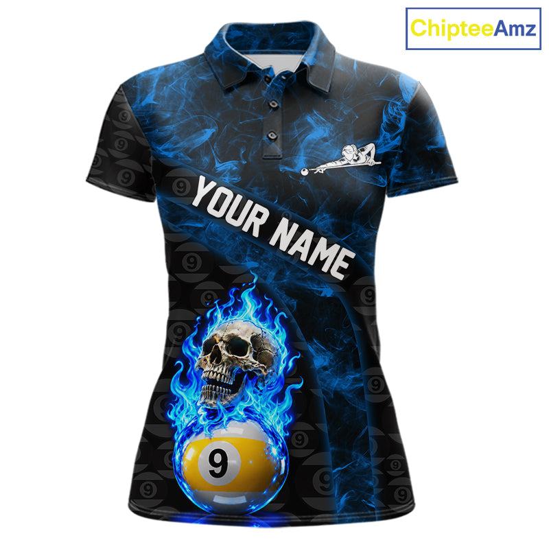Blue Flaming Skull 9 Ball Pool Billiard Team Shirt For Women Custom Flame Billiard Ball & Cue Gifts NYN4980